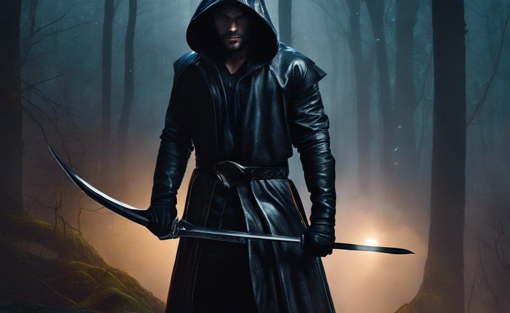 Man In A Hooded Outfit Holding A Sword In A Forest