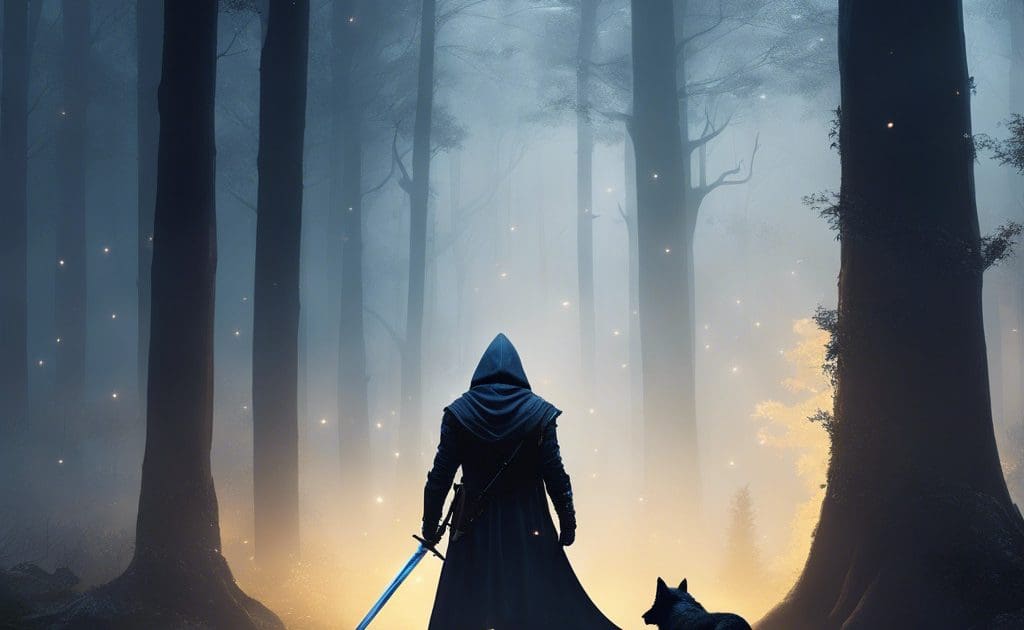 Man In A Hooded Outfit Holding A Sword In A Forest Back