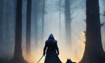 Man In A Hooded Outfit Holding A Sword In A Forest Back
